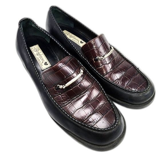 Brighton Sarah Brown Croc Embossed And Black Leather Slip On Loafers Size 8.5